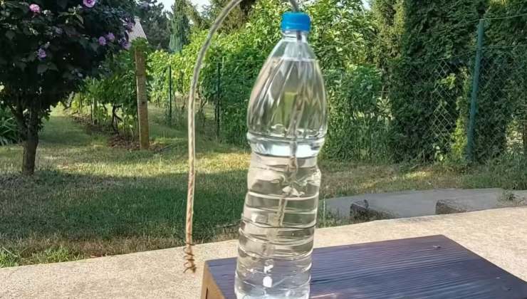 Sistema de riego con botella y cuerda.